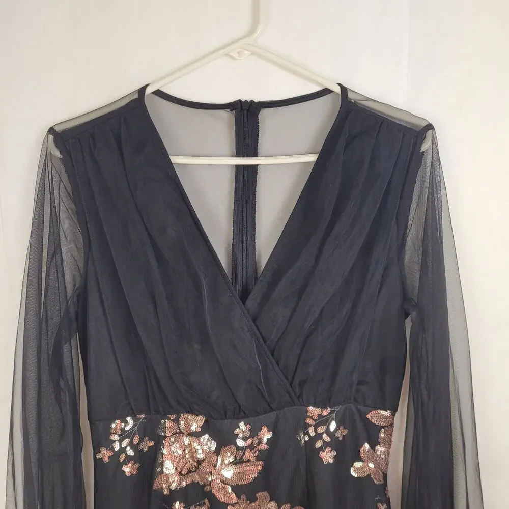 Shein black and gold floral sequined sheer sleeve dress Size medium Fairy Glam